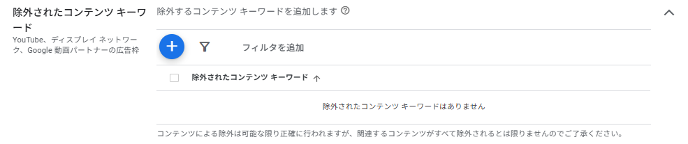 「コンテンツの適合性」の設定画面（除外されたコンテンツキーワード）